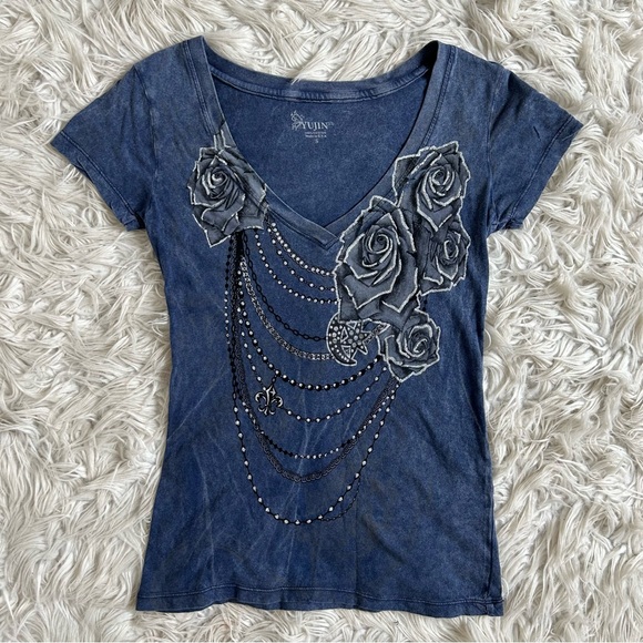 Cyber Y2K Grunge Blue V-Neck T-Shirt - Picture 4 of 5
